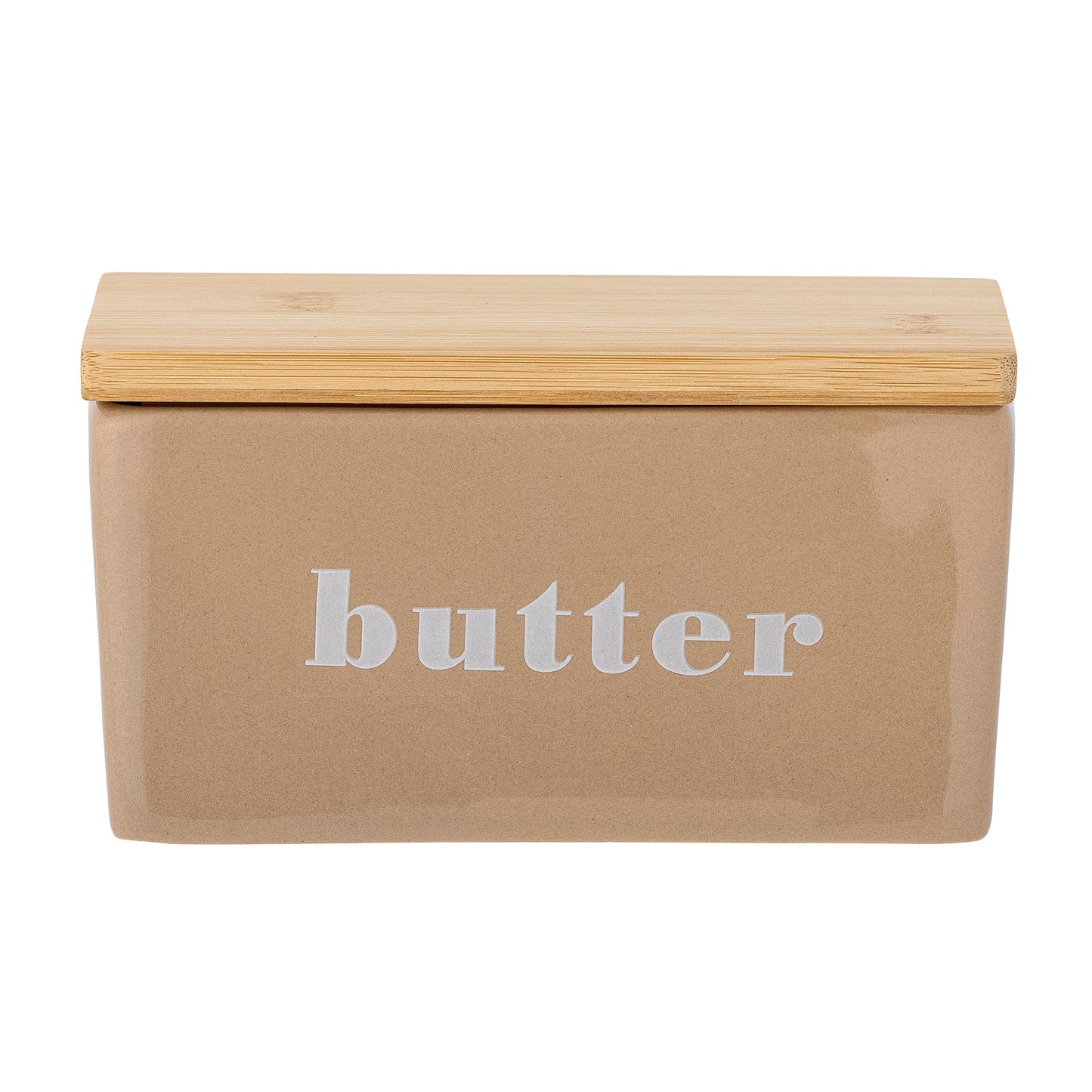 Butterdose mit aufschrift Butter und einem Holzdeckel.